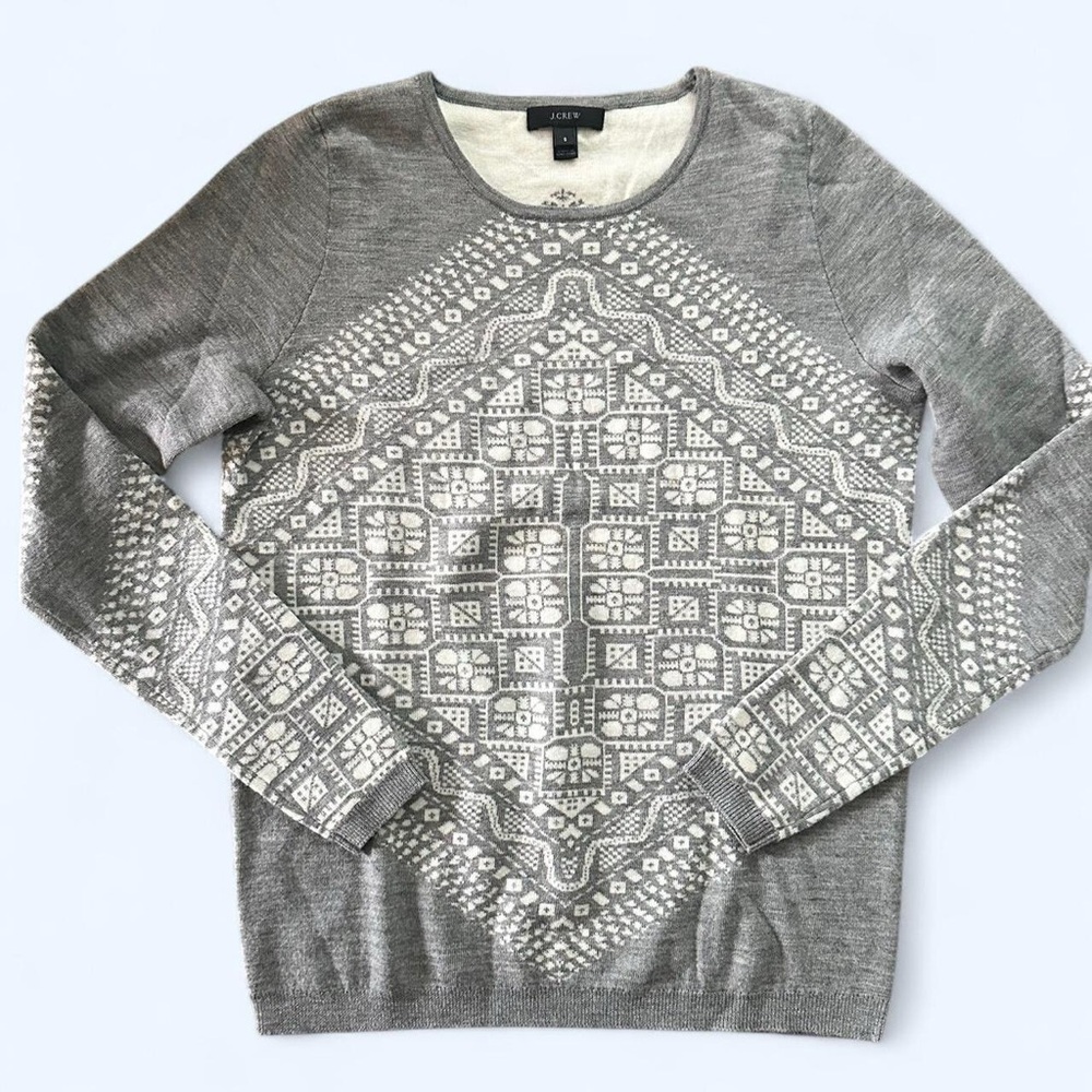 J. Crew Grey And White Patterned 100% Merino Wool Small Crewneck Sweater - Picture 1 of 7